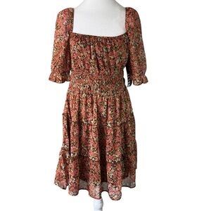 Trixxi Brown Orange Sundress with Puff Sleeves and Scoop Neck